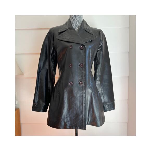 Vintage Black Leather Double Breasted Coat by bebe Size L - Picture 12 of 16